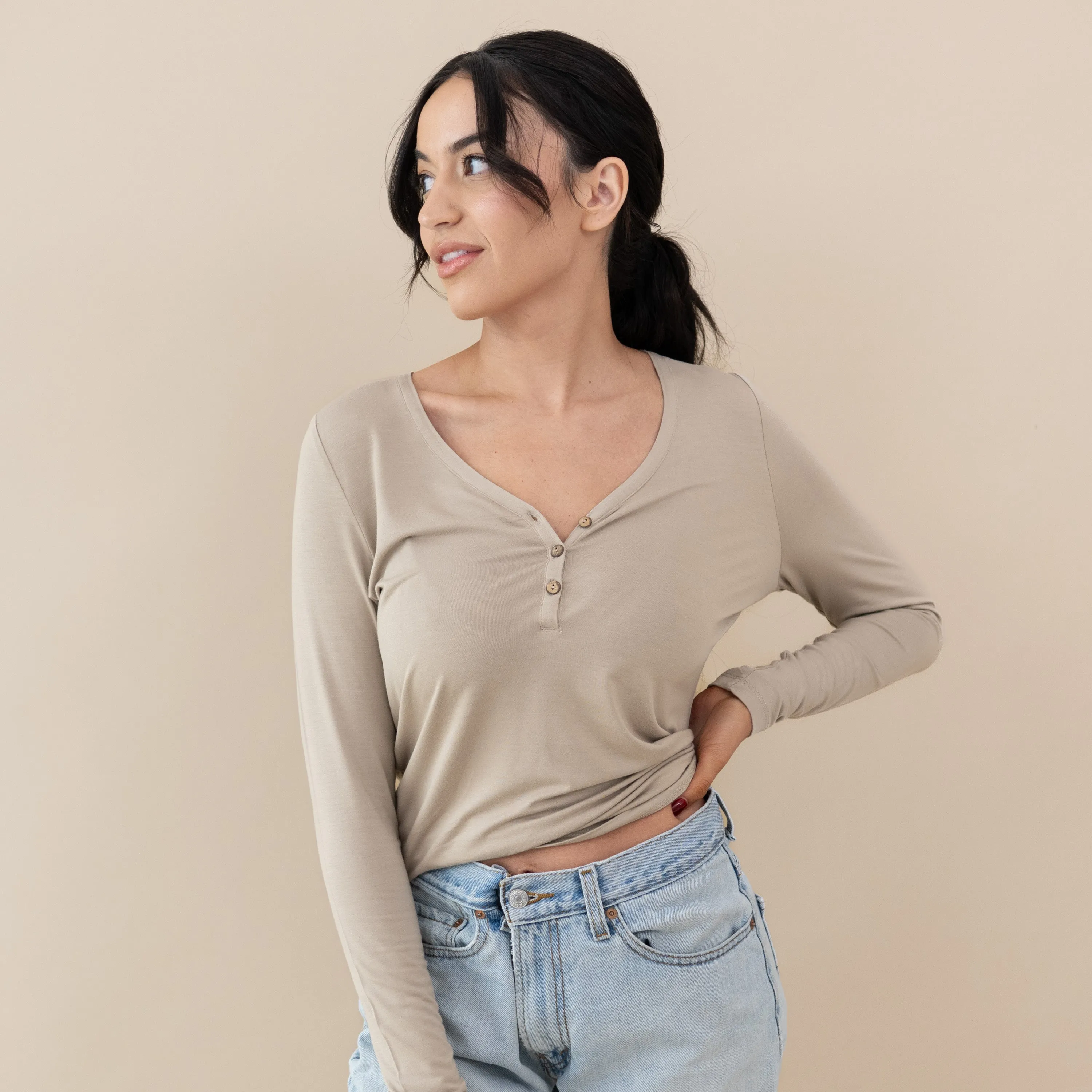 Women's Long Sleeve Henley Tee in Almond