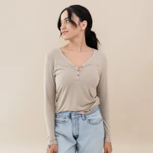 Women's Long Sleeve Henley Tee in Almond