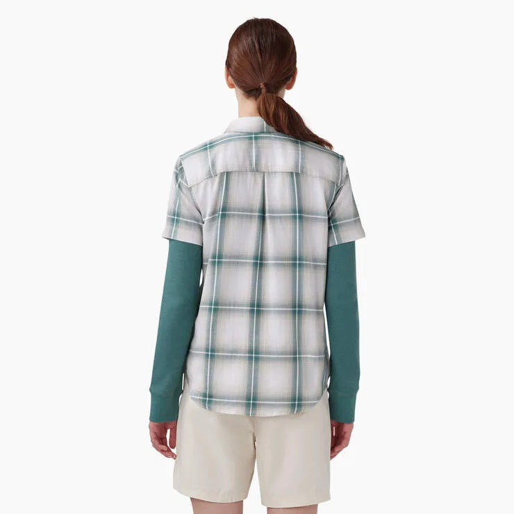 Women's Plaid Woven Shirt - Green Herringbone Plaid